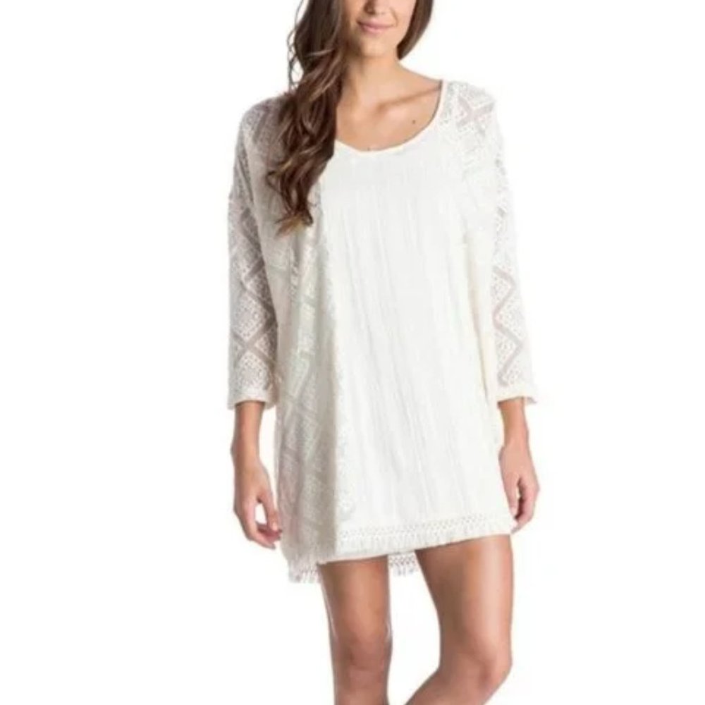 Roxy Cream Wishbone Crochet Lace Tunic Cover Up Dress Sz M